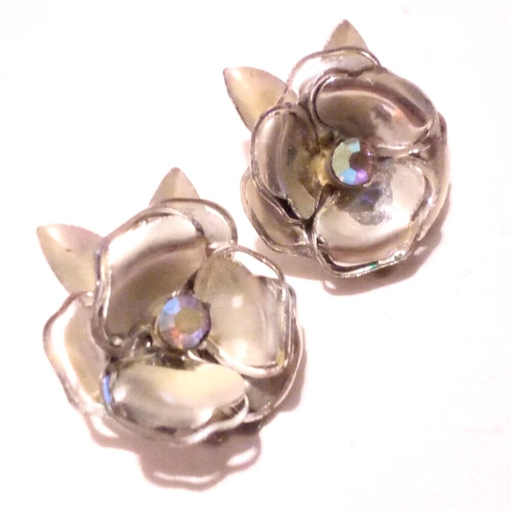 Vintage Coro Frosted Silver Tone Aurora Borealis Flower Clip Earrings